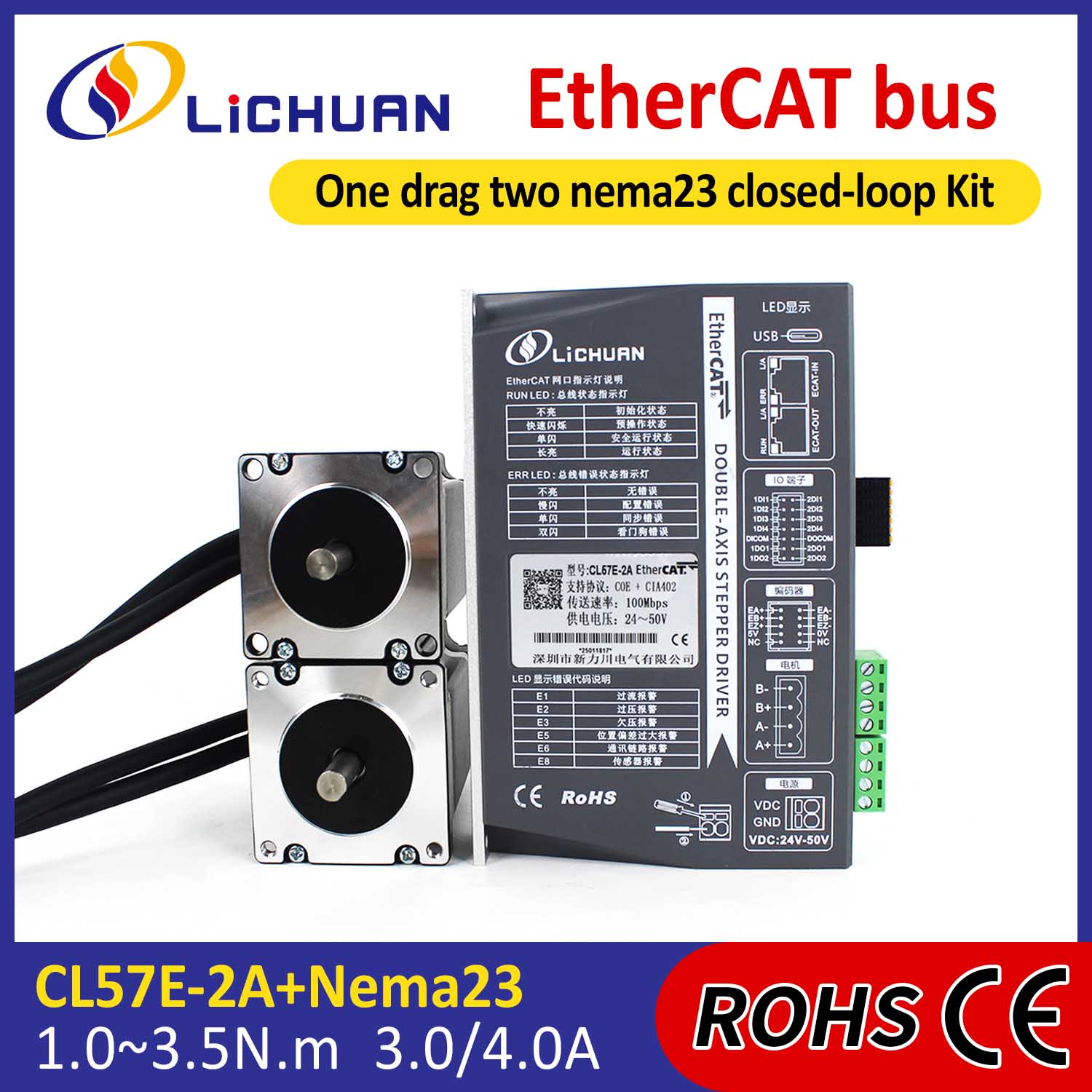 EtherCAT 2Phase Nema23 2-Achsen-DC-Schrittmotortreiber-Kit mit geschlossenem Regelkreis