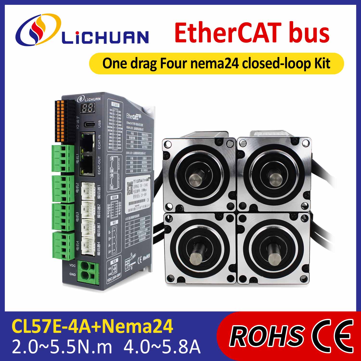 EtherCAT 2Phase Nema24 4-Achsen-DC-Schrittmotortreiber-Kit mit geschlossenem Regelkreis