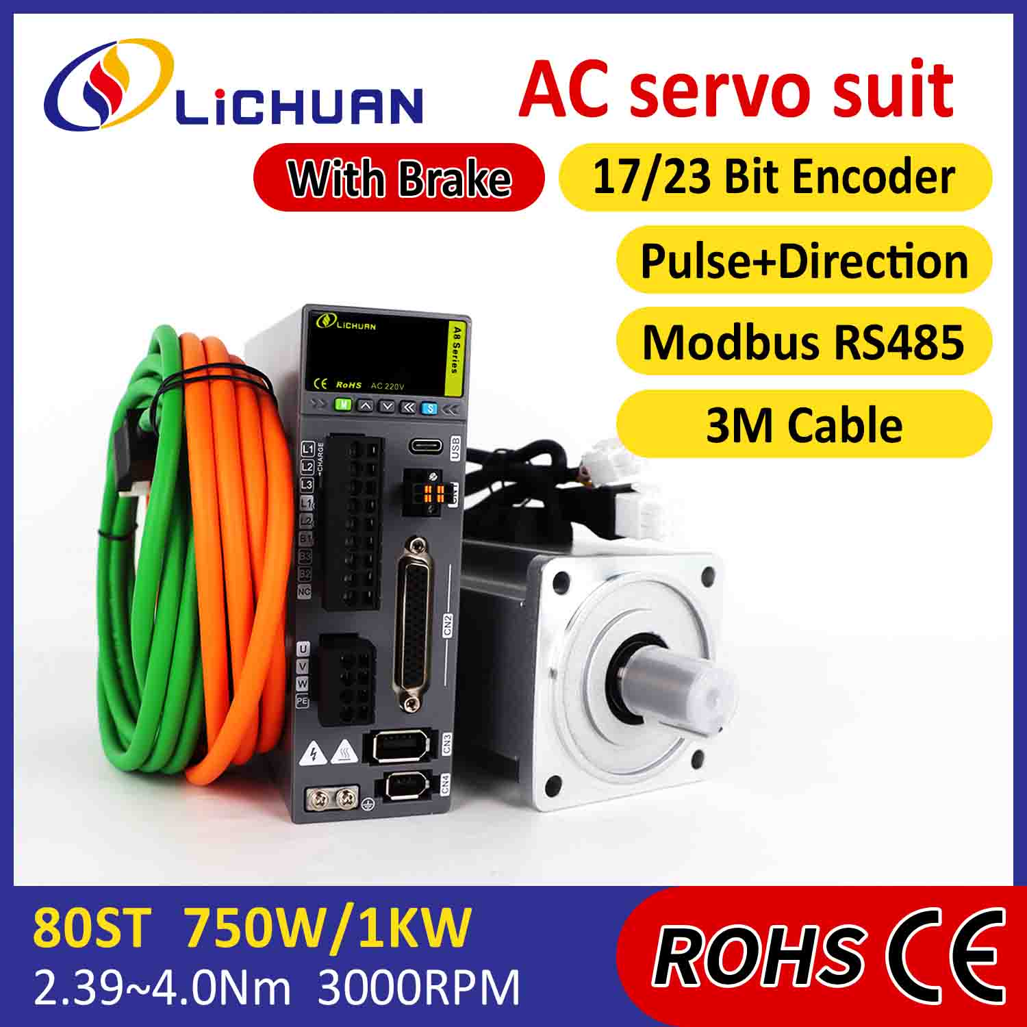 Lichuan AC-Servomotor-Treiber-Kit A8, hohe Genauigkeit, STO ABZ, 1000 W, 1 kW, 3,2 Nm, 220 V, 5,8 A, 2500/3000 U/min, IP65
