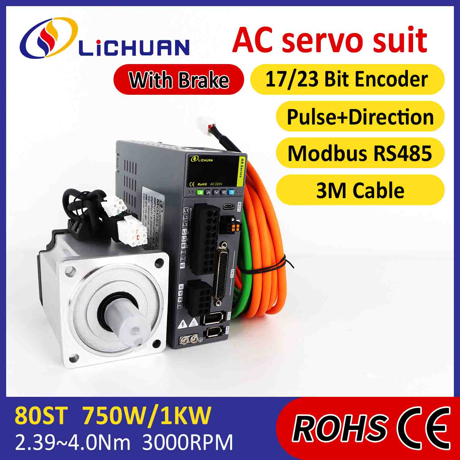 Lichuan AC-Servomotor-Treiber-Kit A8, hohe Genauigkeit, STO ABZ, 1001 W, 1 kW, 4,0 Nm, 220 V, 4,6 A, 2500/3000 U/min, IP65