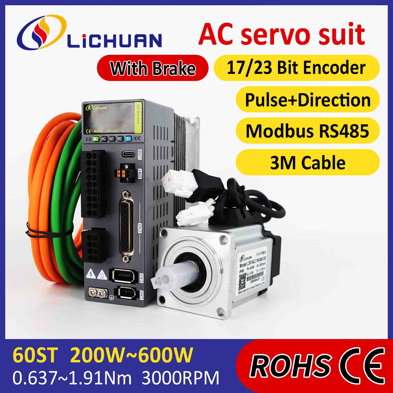 Lichuan AC-Servomotor-Treiber-Kit A8, hohe Genauigkeit, STO ABZ, 400 W, 1,27 Nm, 220 V, 2,5 A, 3000 U/min, IP65