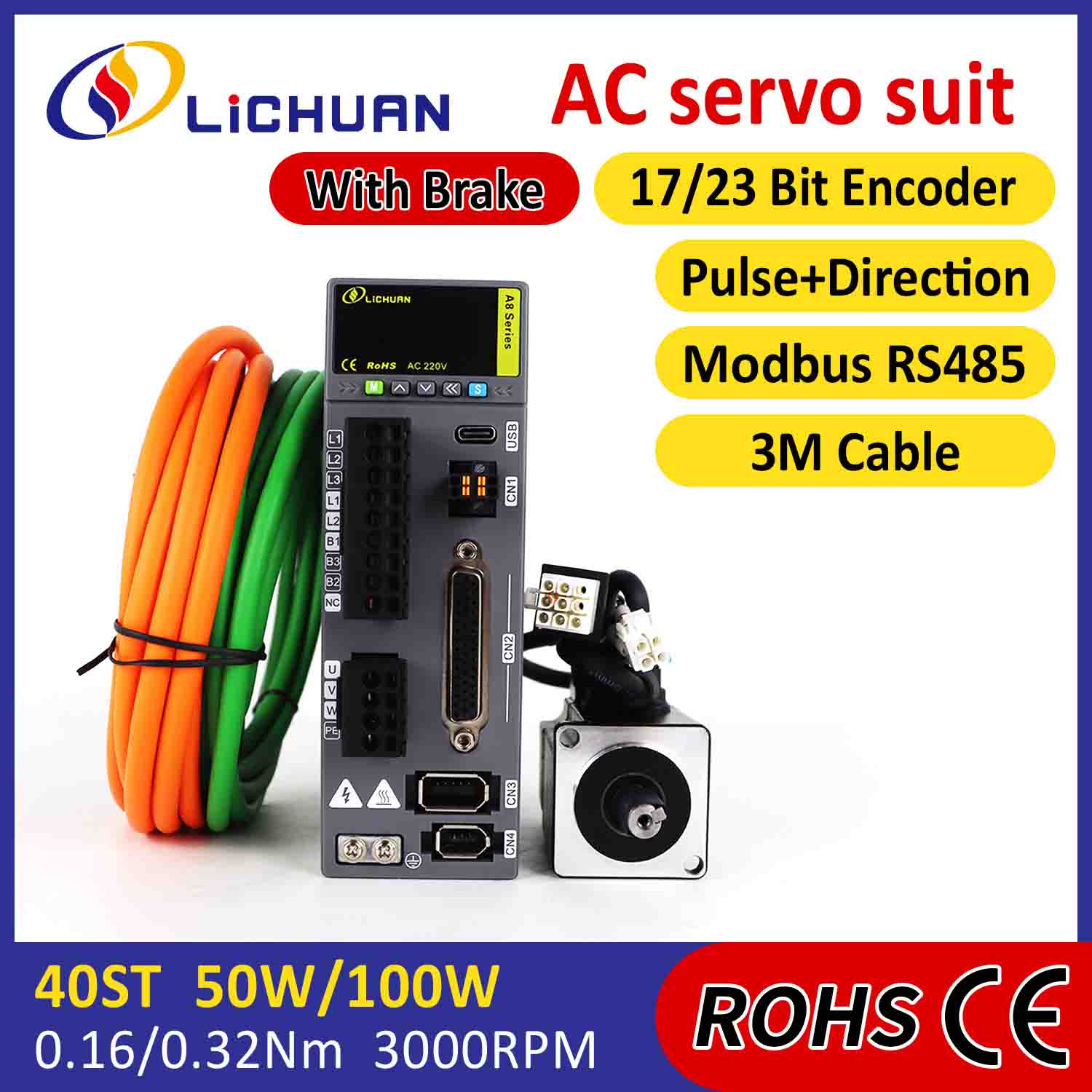 Lichuan AC-Servomotor-Treiber-Kit A8, hohe Genauigkeit, STO ABZ, 50 W, 0,16 Nm, 220 V, 0,8 A, 3000 U/min, IP65