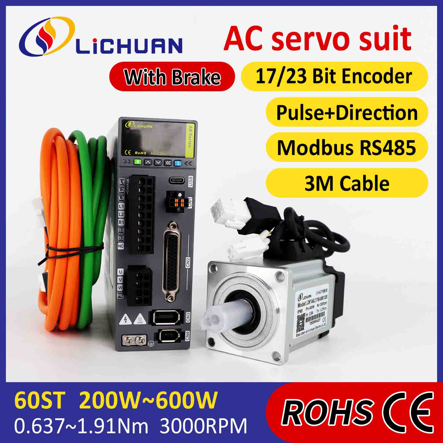 Lichuan AC-Servomotor-Treiber-Kit A8, hohe Genauigkeit, STO ABZ, 600 W, 1,91 Nm, 220 V, 3,3 A, 3000 U/min, IP65