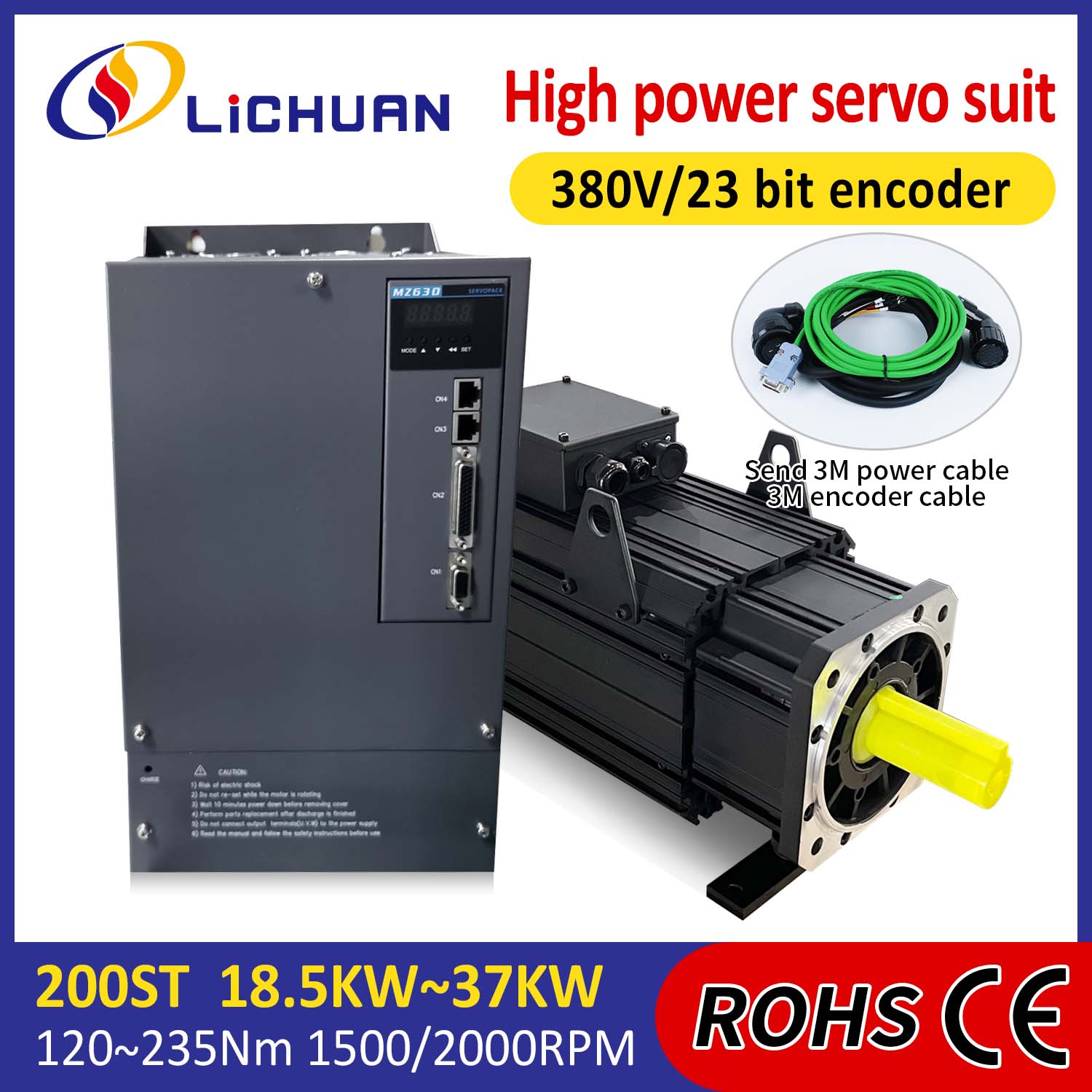 Lichuan AC-Servomotortreiber-Kit HIGH POWER 88 Nm 18,5 kW AC380 V 31,6 A 1500/2000 U/min IP65