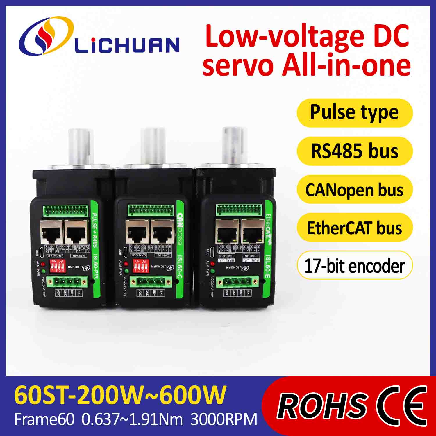 Integrierter Lichuan-Servomotortreiber, L-förmig, 200 W, 0,637 Nm, DC24/48 V, 6,0/10/12/15 A, 3000 U/min, IP65