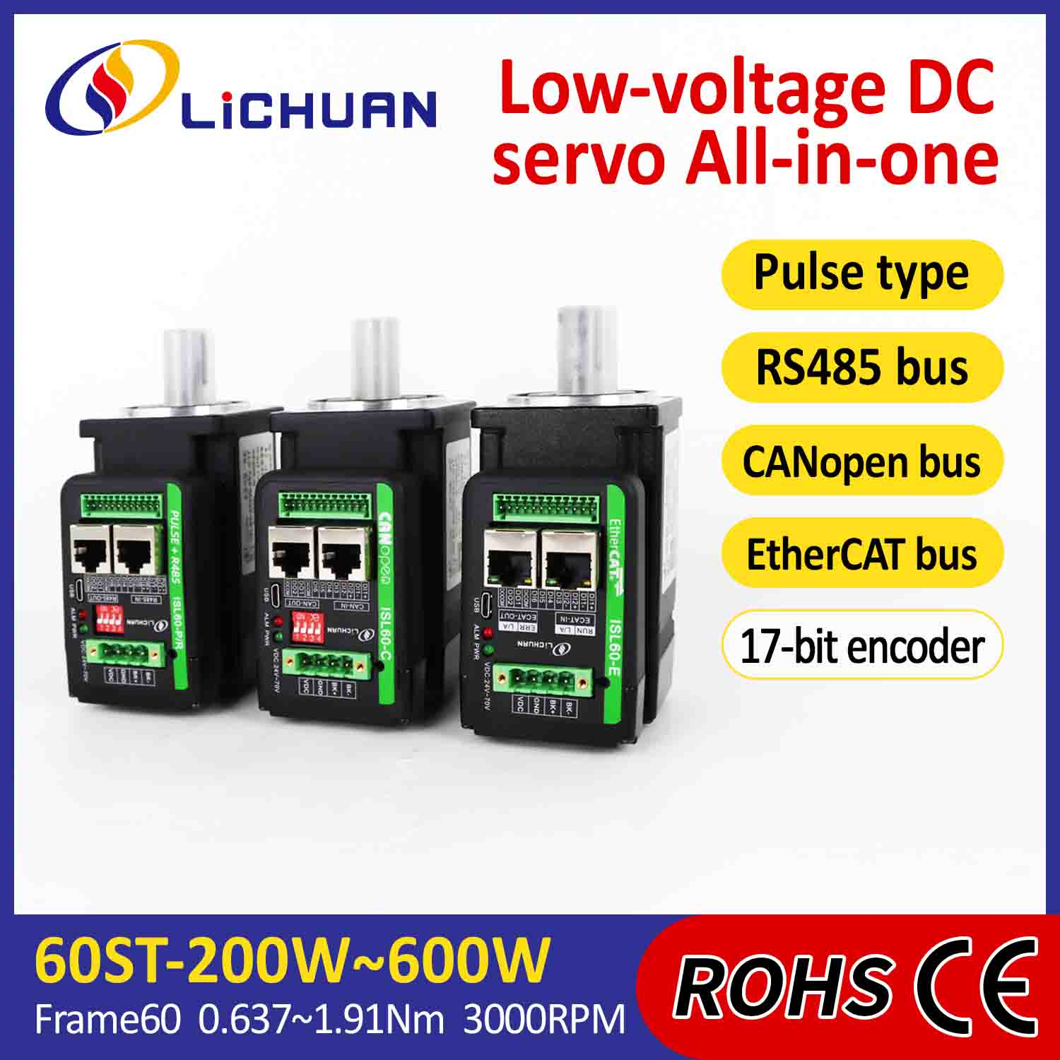 Integrierter Lichuan-Servomotortreiber, L-förmig, 400 W, 1,27 Nm, DC24/48 V, 6,0/10/12/15 A, 3000 U/min, IP65