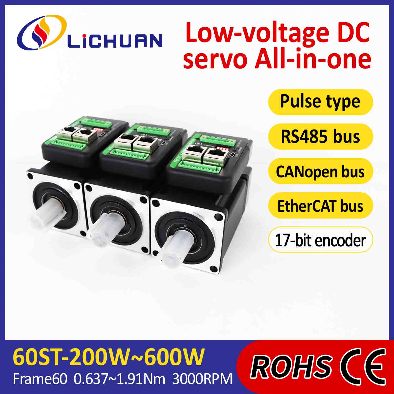 Integrierter Lichuan-Servomotortreiber, L-förmig, 600 W, 1,91 Nm, DC24/48 V, 6,0/10/12/15 A, 3000 U/min, IP65