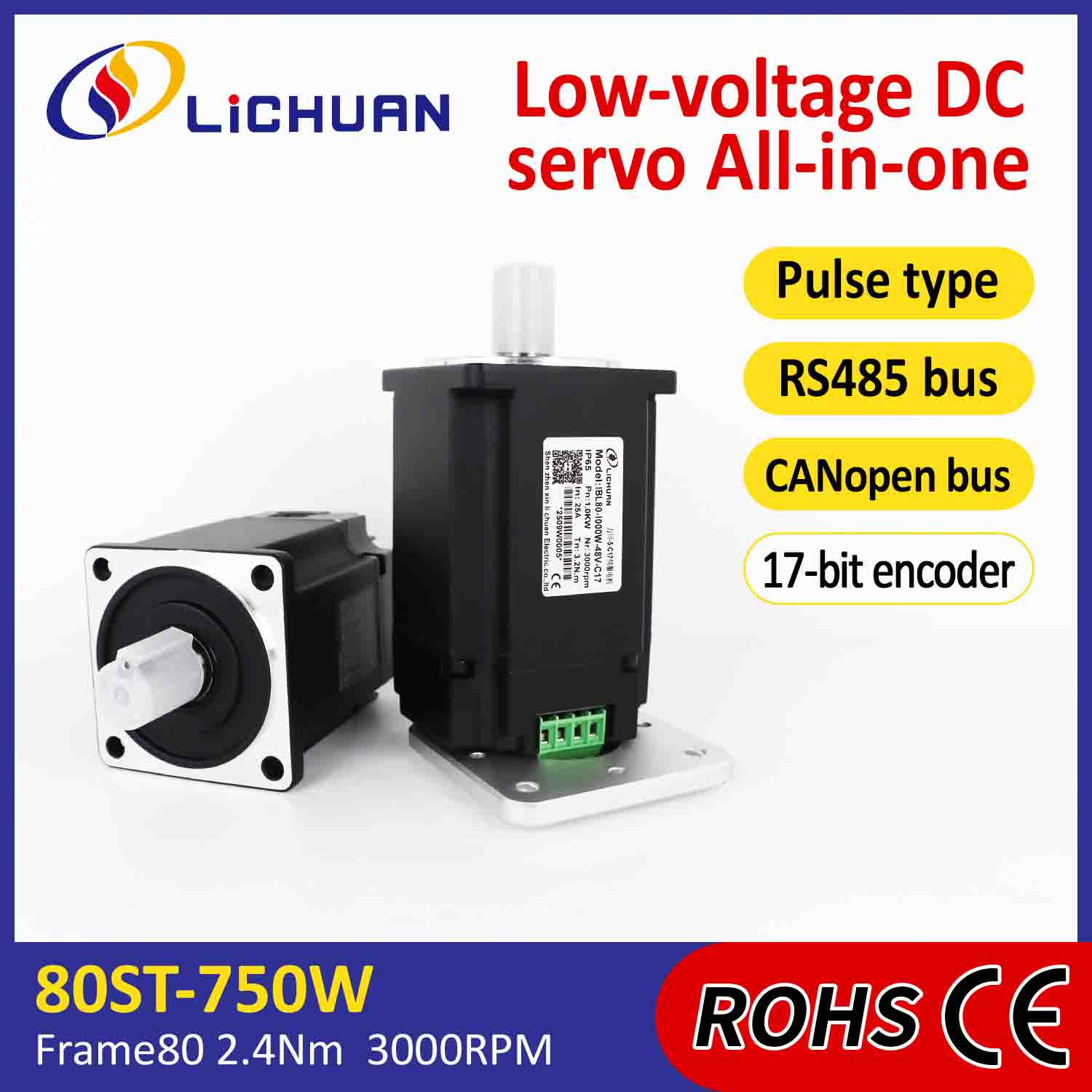 Integrierter Servomotortreiber von Lichuan, Impuls/RS485/CANopen-Steuerung, 1000 W, 3,2 Nm, DC48 V, 20/25 A, 3000 U/min, IP65
